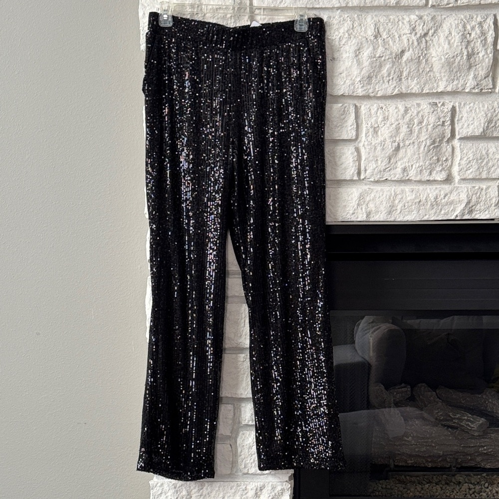 New Festive Black Sequin Wide Leg Pants Women’s Large/Slit Front Pockets